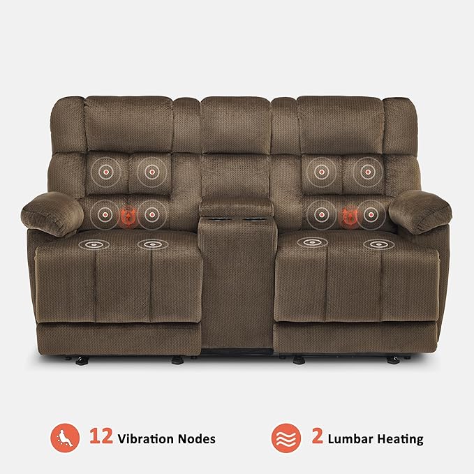 MCombo Zero Gravity Power Loveseat Recliner with Console, Heat and Vibration Massage, Reclining Loveseat Sofa with USB Ports, Cup Holders for Living Room, Fabric RS6234 (Dark Brown)