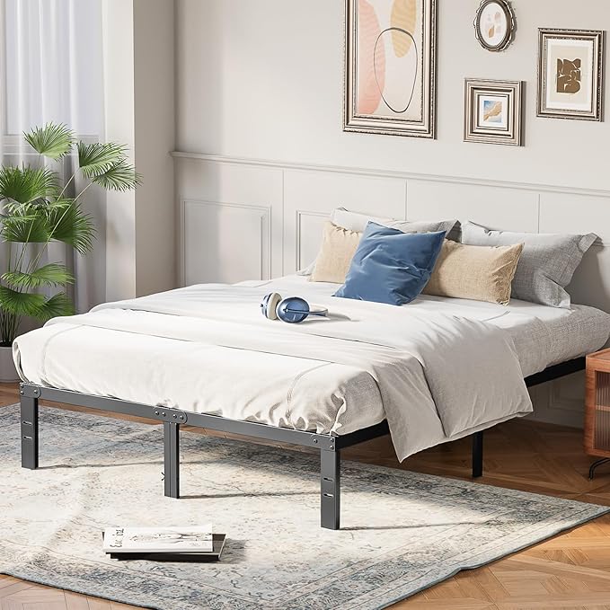 OLIXIS Metal King Bed Frame - 14in High with Storage Space, No Box Spring Needed with Sturdy Steel Slat Support, 2200LBS Heavy Duty for Easy Assembly, Black for Bedroom