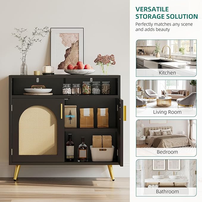 YITAHOME Buffet Cabinet with Storage, Storage Cabinet with Rattan Decor Doors and Adjustable Shelves for Hallway, Living Room, Black