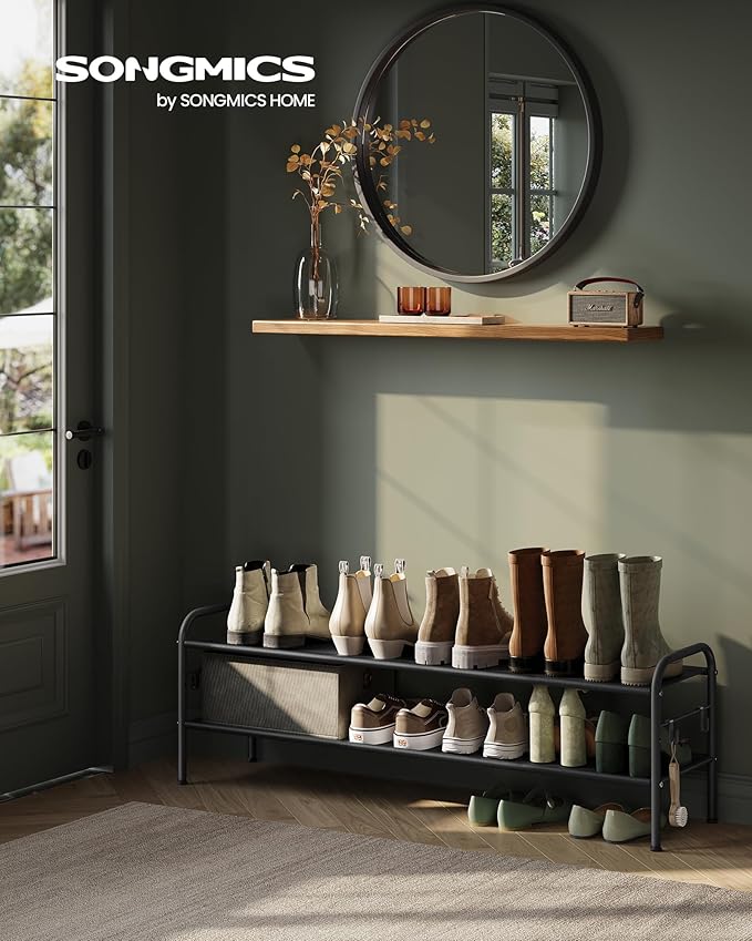 SONGMICS Shoe Rack, 2-Tier Shoe Organizer, Fabric Shoe Shelf Storage with 4 Hooks, Holds up to 12 Pairs of Shoes, Height-Adjustable Shoe Rack for Entryway, Hallway, Closet, Easy Assembly, Ink Black