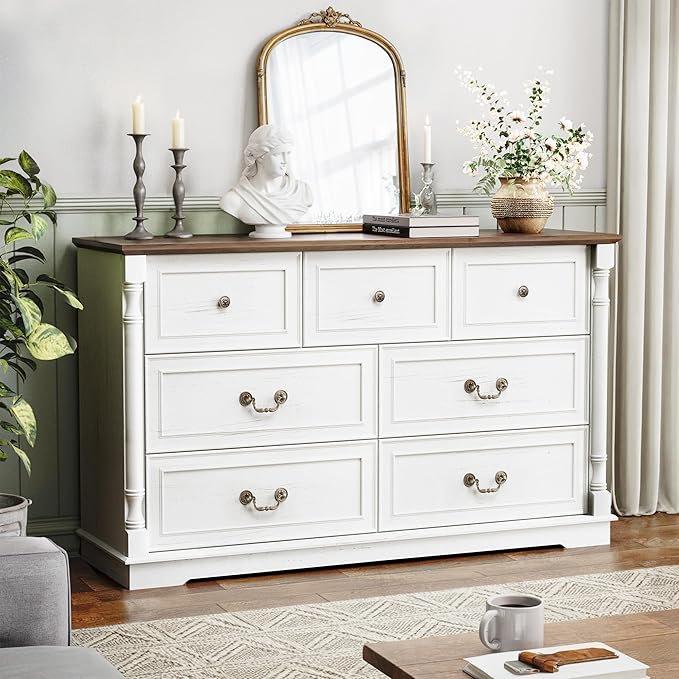 52" Farmhouse 7 Drawer Dresser for Bedroom,Tall Wide Wood Country Rustic Chest of Drawers,Column Decor,Retro Handle,Natural Texture,Wood Vintage TV Stand,Antique White