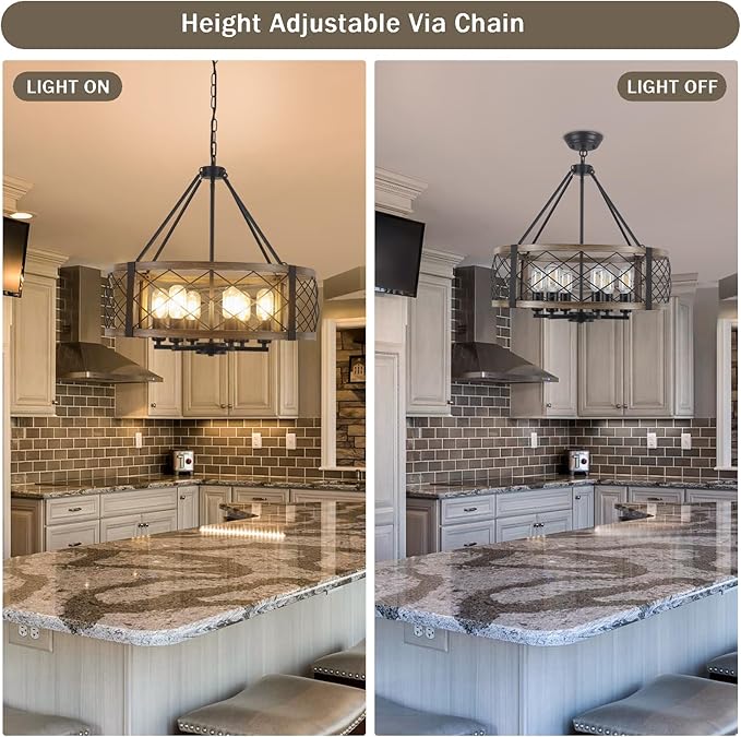 Modern Chandelier for Dining Room, 6-Light Wood Grain Finish Farmhouse Chandelier, 21.6” Brown Rustic Drum Hanging Light Kitchen Island, Round Metal Hanging Light Fixture for Foyer, Entryway, Bedroom