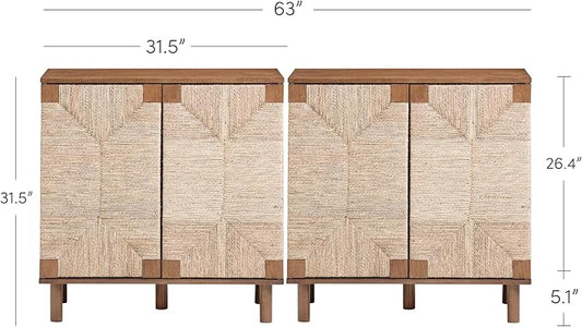 Nathan James Beacon Boho Accent Cabinet with Doors, TV Stand with Adjustable Interior Shelf and Seagrass Accent, Dark Brown, Set of 2