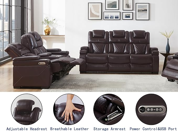THSUPER Power Breathable Leather Reclining Sofa and Loveseat Set with 7-Color LED Light, Living Room Recliner Couch Set with Adjustable Headrest/Reading Light/USB Port/Bluetooth Speaker, Brown
