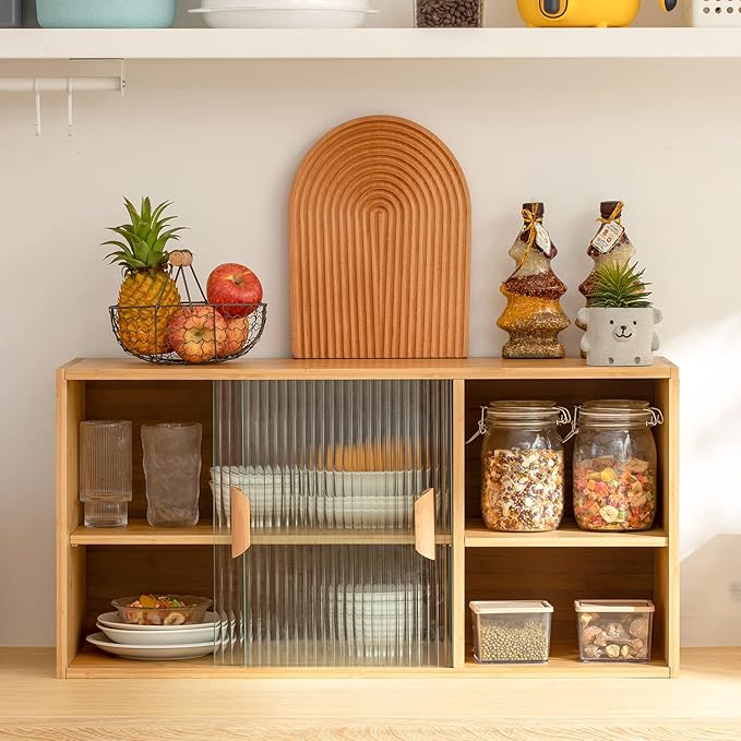 HollyHOME Bamboo Wall Mounted Kitchen Pantry Sideboard with 2 Doors and Adjustable Shelves, Freestanding Wall Storage Cabinet with Shelf for Bottle, Dish, Bowl, Console Dining Cupboard, Burlywood