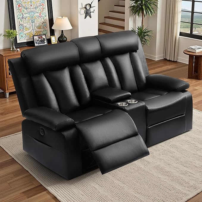 Power Reclining Loveseat with Console and Cup Holders,Leather Electric Recliner Sofa with USB & Type-C Ports, Storage Armrest and Lumbar Pillow,Wall Hugger Couch for Living Room RV (Black, 2 Seats)