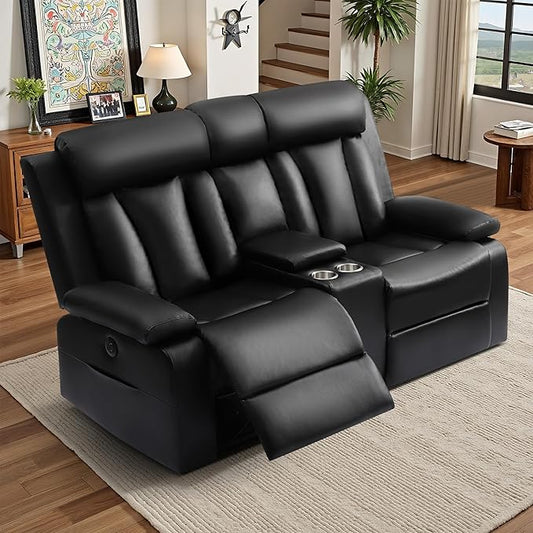 Power Reclining Loveseat with Console and Cup Holders,Leather Electric Recliner Sofa with USB & Type-C Ports, Storage Armrest and Lumbar Pillow,Wall Hugger Couch for Living Room RV (Black, 2 Seats)
