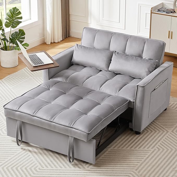 Yafylly 3 in 1 Sleeper Sofa Couch Bed, Pull Out Loveseat with Storage, Full Size Velvet Convertible Chair with 2 Pockets & 2 Pillows for Living Room, Grey