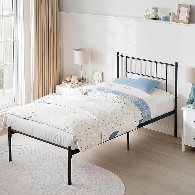 VECELO Twin Metal Platform Bed Frame with Headboard, Heavy Duty Steel Slat Support, Under Bed Storage,No Box Spring Needed, Easy Assembly