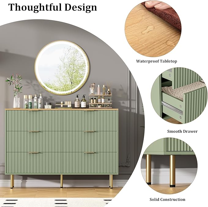 GAOMON 6 Drawer Dresser for Bedroom Chest of Drawers, 47" Wide Fluted Dresser with Drawers, Modern Wooden Double Dressers with Metal Handles for Living Room, Hallway