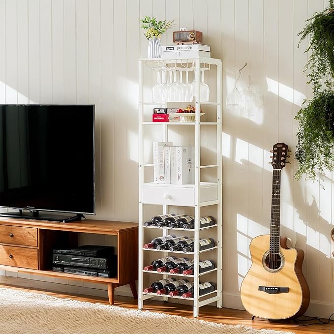 IBUYKE Wine Rack Freestanding Floor, Bar Cabinet for Liquor and Glasses,Coffee Bar Cabinet 4-Tier Wood bar Cabinet,Glass Holder and Storage Drawer for Home Bar Kitchen Living Room,White UTMJ905W