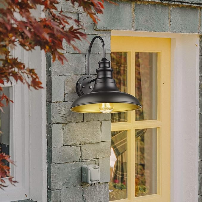 Dusk to Dawn Sensor Outdoor Barn Light Fixture, 12.3 Inch Dome Outdoor Wall Sconce Farmhouse Wall Mount Lights Exterior Light Fixture Black Finish Industrial Wall Lantern for Porch, 2Pack
