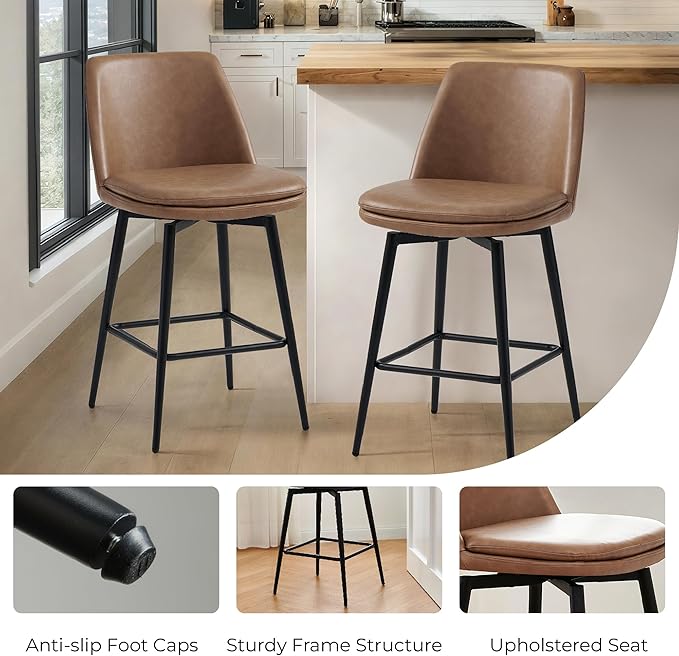 CHITA Swivel Bar Stools, 30.3" Counter Height Bar Stools Set of 2, FSC Certified Upholstered Modern Counter Stools, Metal Legs, Faux Leather, Saddle Brown