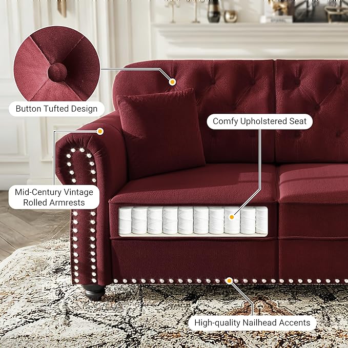 KEIKI 3-Piece Chesterfield Sofa Set with 1 Velvet 3-Seater Sofa & 1 Loveseat & 1 Single Sofa, 6-Seater Couch Set with Nailhead Trim & Rolled Arms & 1 Ottoman & 6 Pillow, for Living Room, Burgundy
