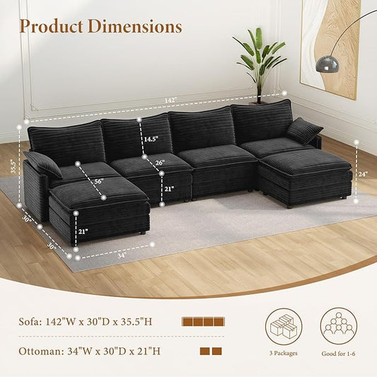 Vesgantti 142" U Shaped Sectional Cloud Couch, Large Cloud Modular Sectional Sofa with 2 Ottoman Deep Seat Corduroy Modern Modular Sofa Set for Living Room, Bedroom, Basement and Apartment, Gray | Sink-in Comfort, Height Adjustable, Easy Rearrangement,...
