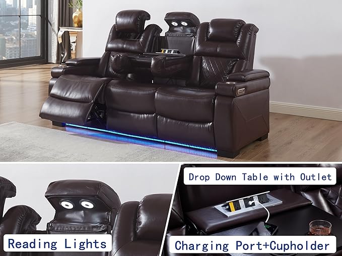 THSUPER Power Breathable Leather Reclining Sofa with 7-Color LED Light, Living Room Recliner Couch with Adjustable Headrest/Reading Light/USB Port/Storage Arm/Drop Down Table for Living Room, Brown