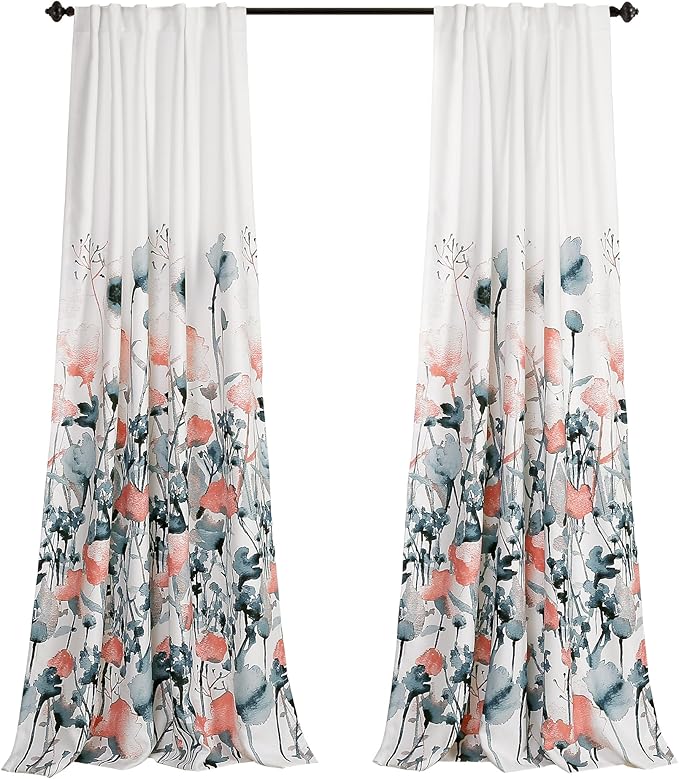 Lush Decor Zuri Flora Light Filtering Window Curtain Panel Pair, 95" x 52", Blue & Coral, 95 in x 52 in, Blue and Coral