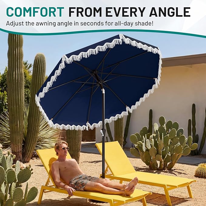 AreShark 9FT Patio Umbrella with Fringe, Wind-Resistant Fiberglass 8 Ribs Tassel Outdoor Umbrella with Crank and Push Button Tilt, Double Tier Vent Sun Shade for Pool, Deck, Backyard, Navy