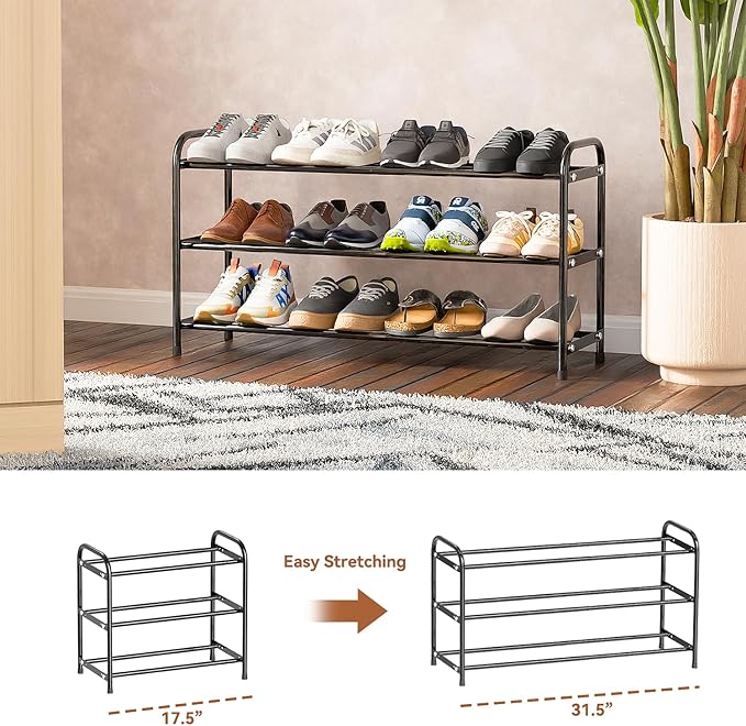 SUFAUY 3 Tier Expandable Shoe Rack for Closet,18“-32”Wide Adjustable Metal Shoe Organizer Cabinet Storage, Black