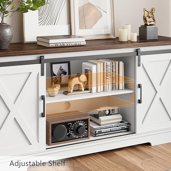 GarveeHome Farmhouse Tv Stand for 65 in TVs, Entertainment Center with Sliding Barn Doors and Adjustable Shelf, Modern Media TV Console TV Stand Table for Living Room, Bedroom, White