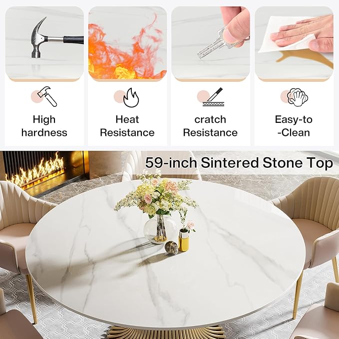 Tribesigns 59" Modern Sintered Stone Round Dining Table for 6-8, Luxury White Kitchen Table with Golden Stainless Steel Pedestal for Dining Room,Living Room (Only Table)