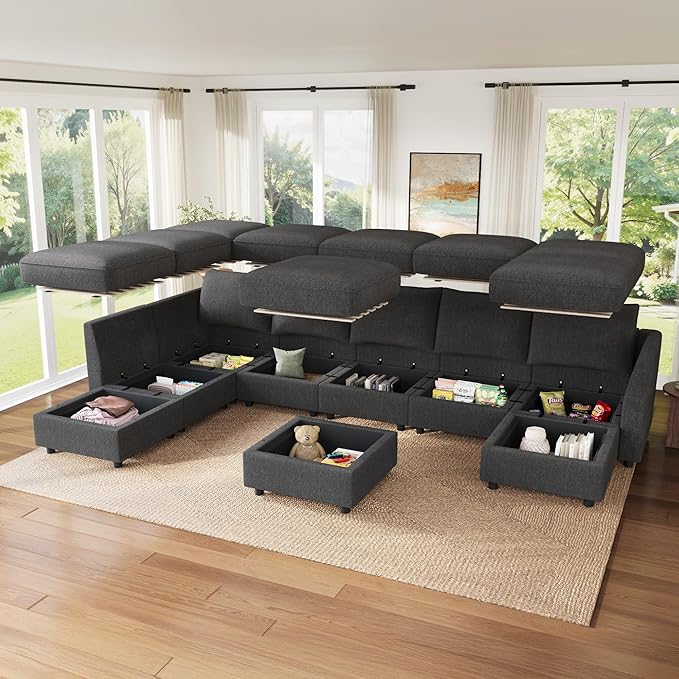 HONBAY Modular Sectional Sofa with Storage, U Shaped Couch Modular Convertible Sectional Couches for Living Room - Snowflake Velvet Grey