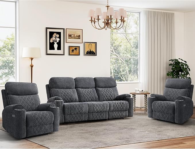HAOMARKETS 3-Piece Power Recliner Sofa Set with Charging Port, Include 2 Single Power Chairs and a 3-Seater Reclining Couch with Cup Holders for Living Room, Dark Grey