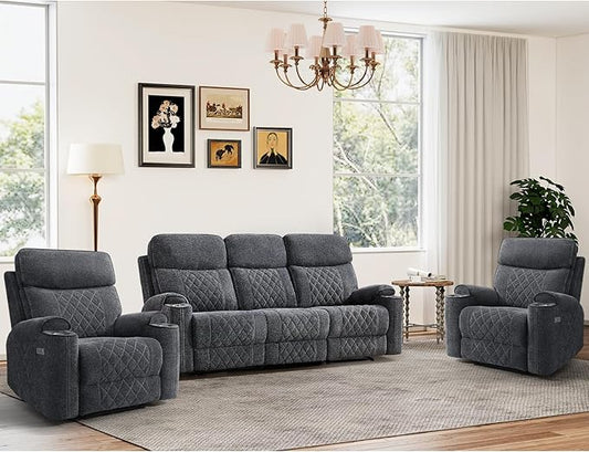 HAOMARKETS 3-Piece Power Recliner Sofa Set with Charging Port, Include 2 Single Power Chairs and a 3-Seater Reclining Couch with Cup Holders for Living Room, Dark Grey
