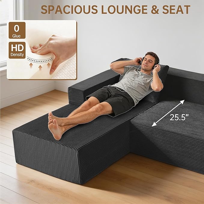 Nigoone 103" Boneless Corduroy Sectional Couch with Left Chaise, Modular L Shaped Couches for Living Room, Large Minimalist Modern Deep Seat Floor Sofa Set, No Assembly