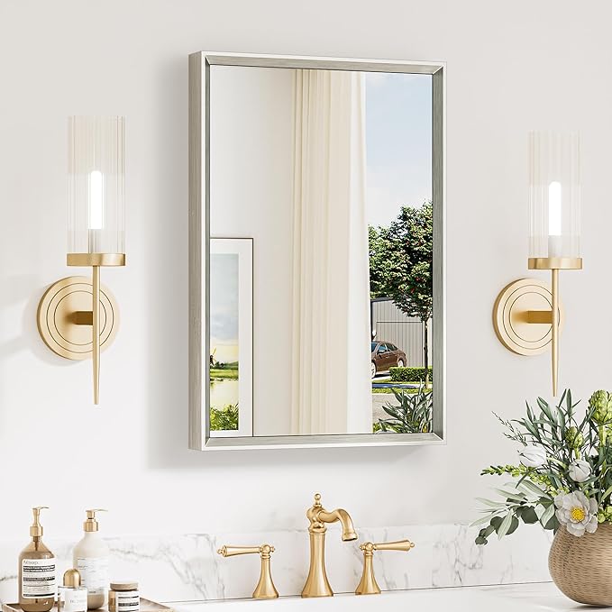 Keonjinn 16 x 24 Inch Brushed Nickel Bathroom Mirrors for Over Sink, Beveled Rectangle Framed Mirrors for Wall, Small Bathroom Vanity Mirror, Tempered Glass, Farmhouse Style