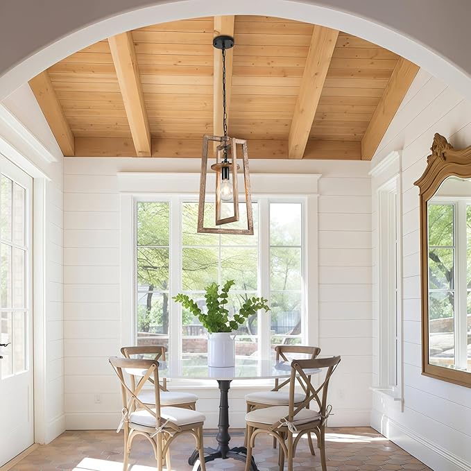 12.3'' Dining Room Light Fixtures Wood Pendant Light Adjustable Farmhouse Chandelier Semi Flush Mount Ceiling Light for Kitchen Island Dining Room Entryway Living Room Entrance Hall