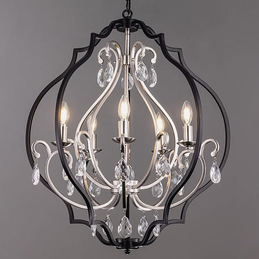 TOCHIC 5 Lights Farmhouse Chandelier, Rustic Orb Chandeliers for Dining Room, Black Crystal Chandelier Light Fixture for Living Room, Bedreoom, Hallway, Nickel, D 27"