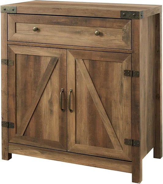 Walker Edison Cass Modern Farmhouse Double Barn Door Accent Cabinet, 30 Inch, Rustic Oak, Without Fireplace