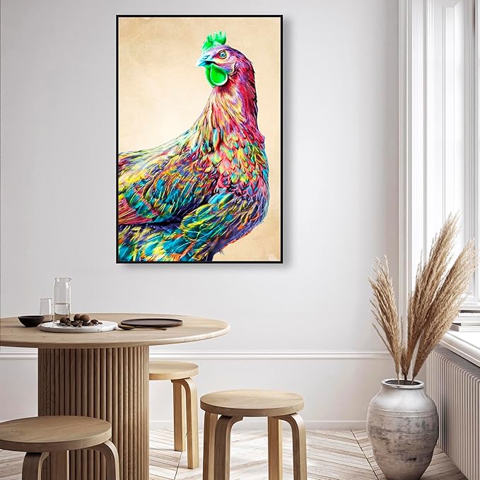 Country Farmhouse Canvas Print Painting Animal Wall Art 'Fun Colorful Glam Rooster' Black Framed Canvas Rustic Home Décor 30x45 in Pink, Green by Oliver Gal