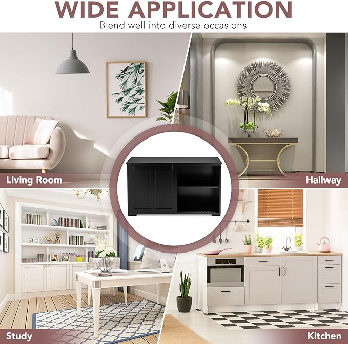 Graffy Kitchen Sideboard, Storage Buffet Cabinet W/ 2 Sliding Doors & Adjustable Shelf, Wooden Buffet Table for Stack or Side-to-Side Use, Ideal for Living Room, Entryway, 42" x 13" x 24.5" (Black)