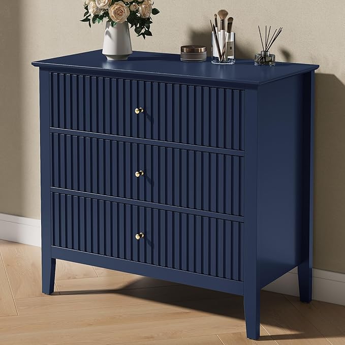 Large Blue Fluted 3 Drawer Dresser Set of 2, Chest of Drawers with Ball Bearing Slide Modern 30 inch Tall Wood Nightstand with Spacious Storage for Bedroom Hallway Living Room Entryway