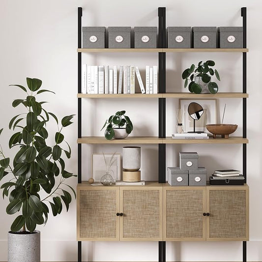 Nathan James Theo Industrial Open Shelf Bookcase with Accent Rattan Drawers Light Oak Wood, Matte Black Frame, Set of 2