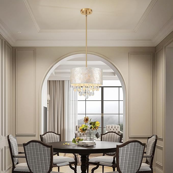 Small 3-Light Drum Capiz Shell Crystal Chandelier, Coastal Style Pendant Light Fixture for Dining Room, Living Room, D12 x H19~49"(Adjustable), Shell Lampshade & Gold Finish