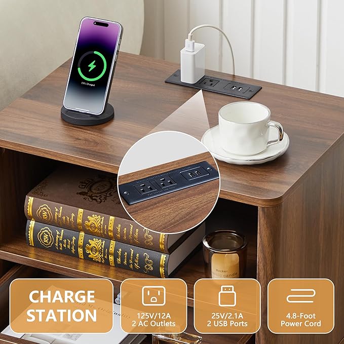Small Nightstand with Charging Station, Accent Bedside Nightstand with Drawer, Mid Century Modern Bedroom Side Bed Table with Storage for Dorm, Living Room, Couch Sofa Chair, Office - Walnut