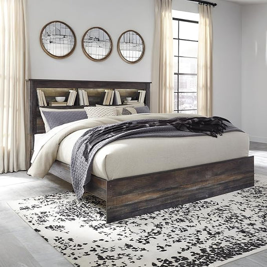 Signature Design by Ashley Drystan Rustic King Bookcase Bed with Open Cubbies and LED Lights, Foundation or Box Spring Needed, Dark Brown & Gray