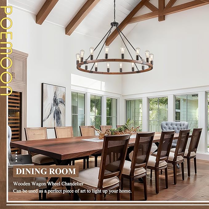 16 Lights Farmhouse Wagon Wheel Chandelier 43.3'' Rustic Wooden Light Fixture Black Round Chandelier Industrial for High Ceiling Living Dining Room Foyer Villa