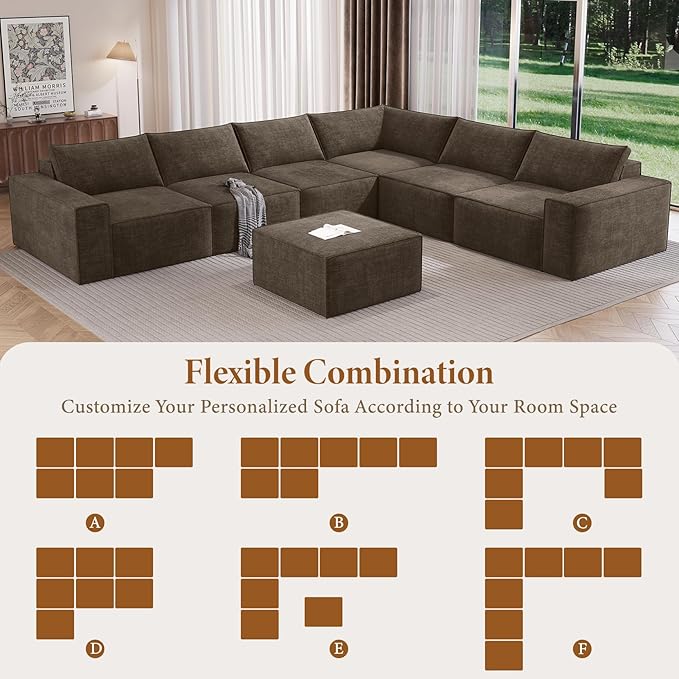 Vesgantti 143.7" Oversized Boneless Couch, Modern 7 Seater Modular Sectional Sofa with Deep Seat, Convertible Chenille Cloud Couches for Living Room, No Assembly Required, Dark Brown