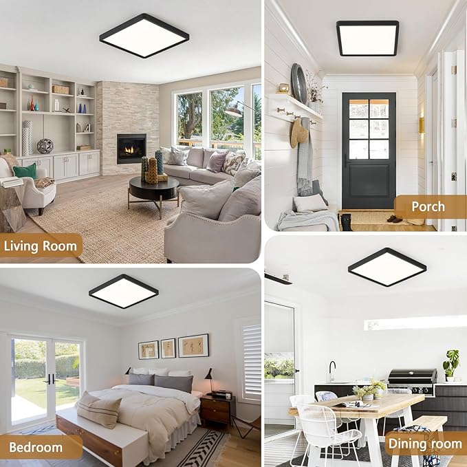 2PK 16 Inch Square LED Flush Mount Ceiling Light, 40W, 4000LM 3000K/4000K/6000K CCT Selectable, Black Square LED Flat Panel Ceiling Light Fixture for Bedroom,Kitchen,Living Room