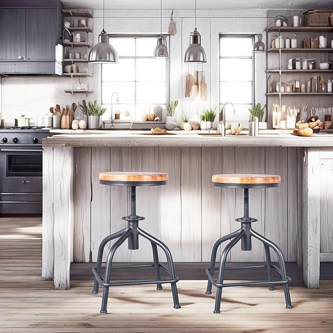 Topower Farmhouse Kitchen Stool, Industrial Counter Stool, Kitchen Deco Round Seat Standard Height Adjustable Swivel Bar Stools Indoor House Design Wood Seat Black Set of 2