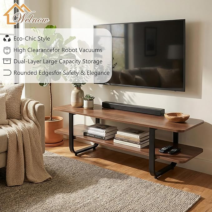 Welnow Walnut TV Stand for 65" TV, Mid Century Modern Entertainment Center with 2-Tier Open Shelves, Versatile Modern TV Console & Table for Living Room & Gaming