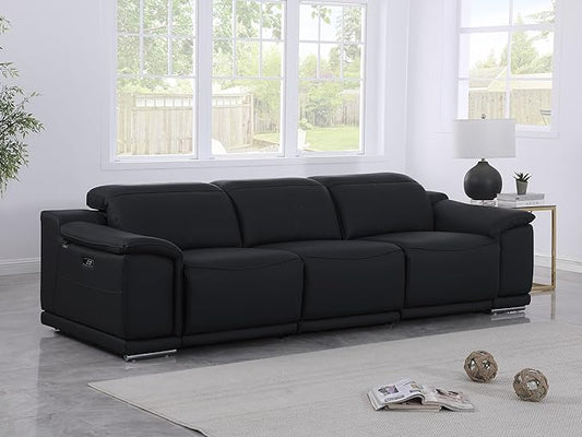 BlackJack Furniture Venice Top Grain Italian Leather Dual Power Recliner Sofa - 107" Theater Seating Modern Couch for Living Room Apartment Lounge Home with Adjustable Headrests & USB Port, Black