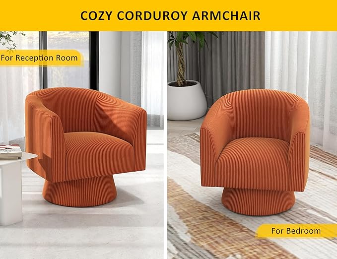 Swivel Accent Chair, Modern 360° Barrel Chair, Corduroy Upholstered Single Sofa for Living Room, Bedroom(Orange)