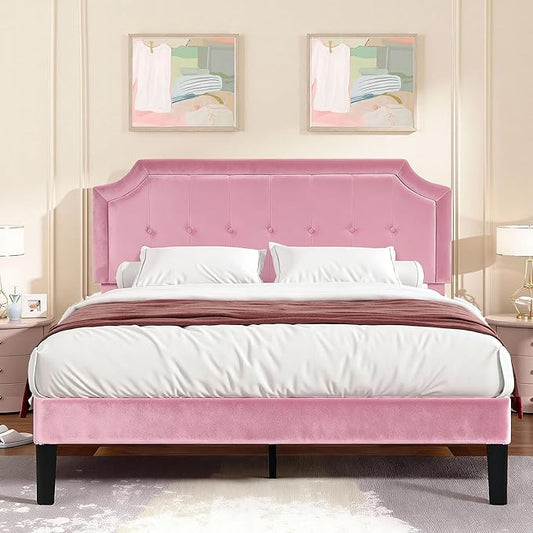VECELO Queen Size Bed Frame with Velvet Upholstered Headboard, Platform Bedframe Mattress Foundation, Sturdy Wooden Slats Support,No Box Spring Needed Noise Free/Easy Assembly,Pink