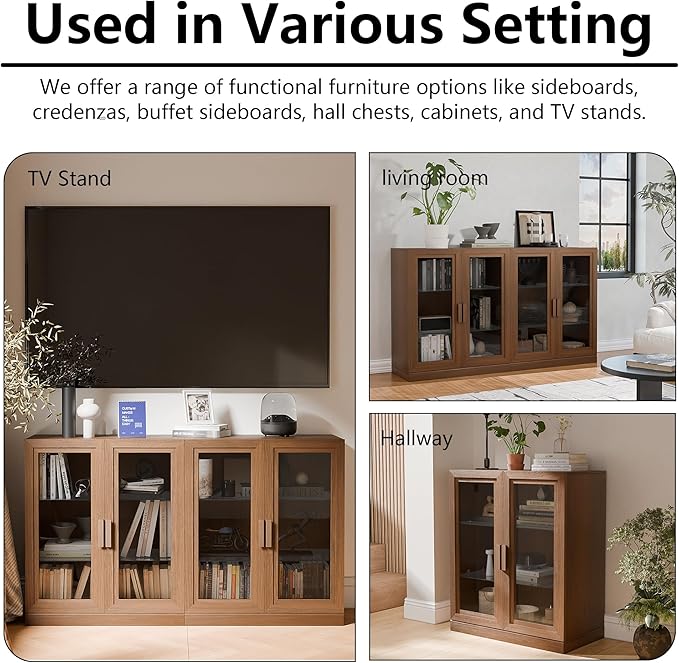 Casaphoria Adam Sideboard Buffet Cabinet with Storage, Display Cabinet with Glass Doors & Adjustable Shelves, 31" W x 31" H Buffet Cabinet for Entryway Kitchen Living Room, Walnut