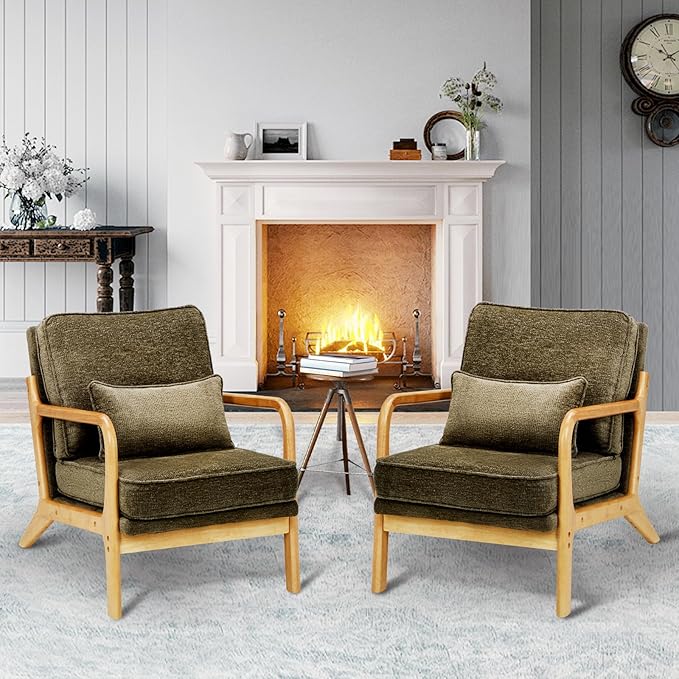 Modern Accent Chair Set of 2 with Lumbar Pillow, Relaxing Mid Century Chair Armchair with Solid Wood Frame & Soft Cushion, Reading Leisure Armchair for Living Room, Green